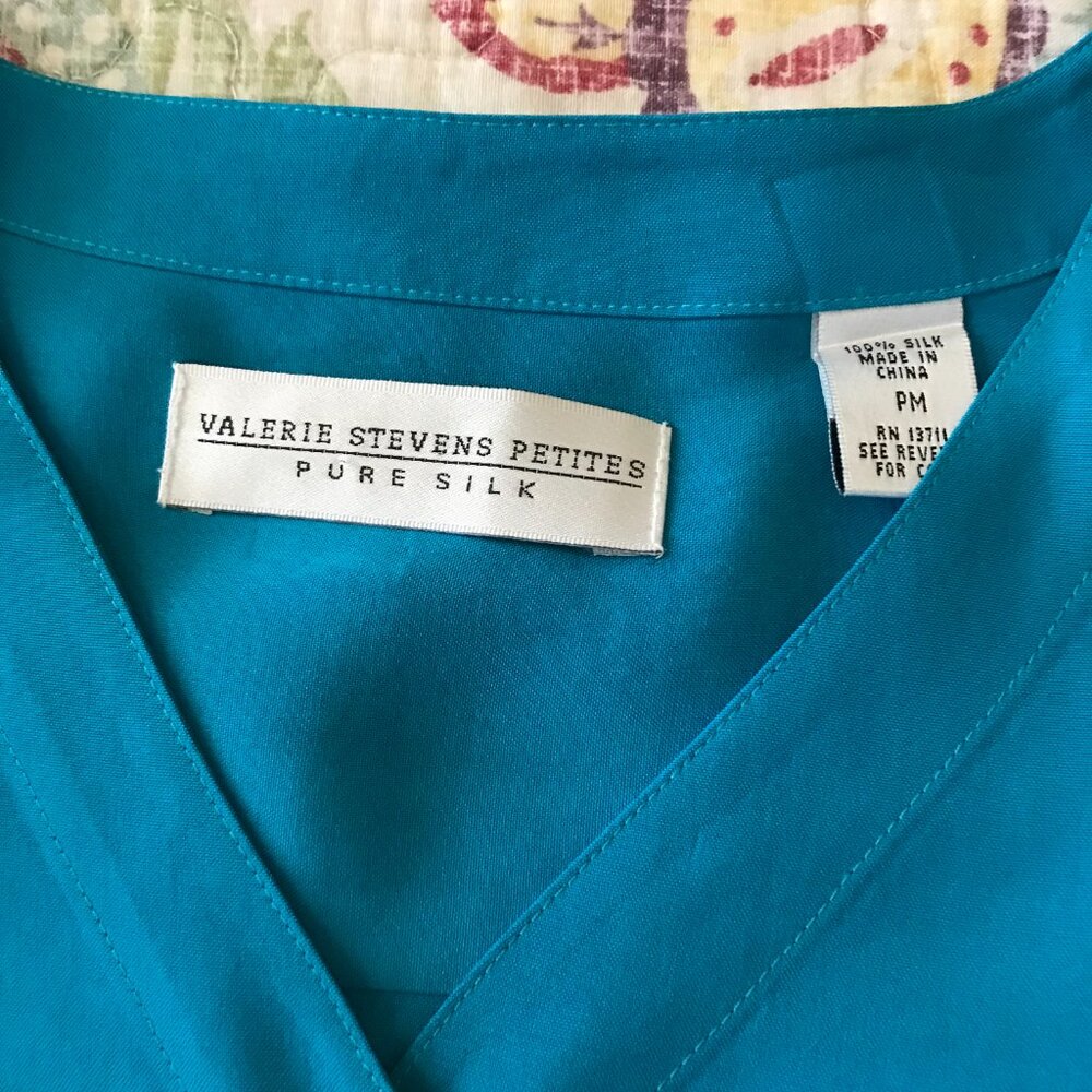 Valerie Stevens Petite Pure Silk Turquoise Blouse - Size PM - Picture 13 of 14